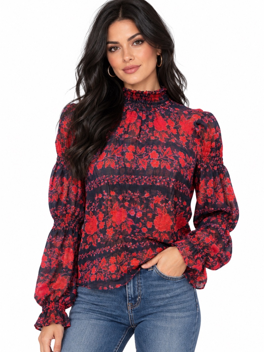 BB Dakota Sheer Navy and Red Floral Smocked Sleeves Mock-Neck Top